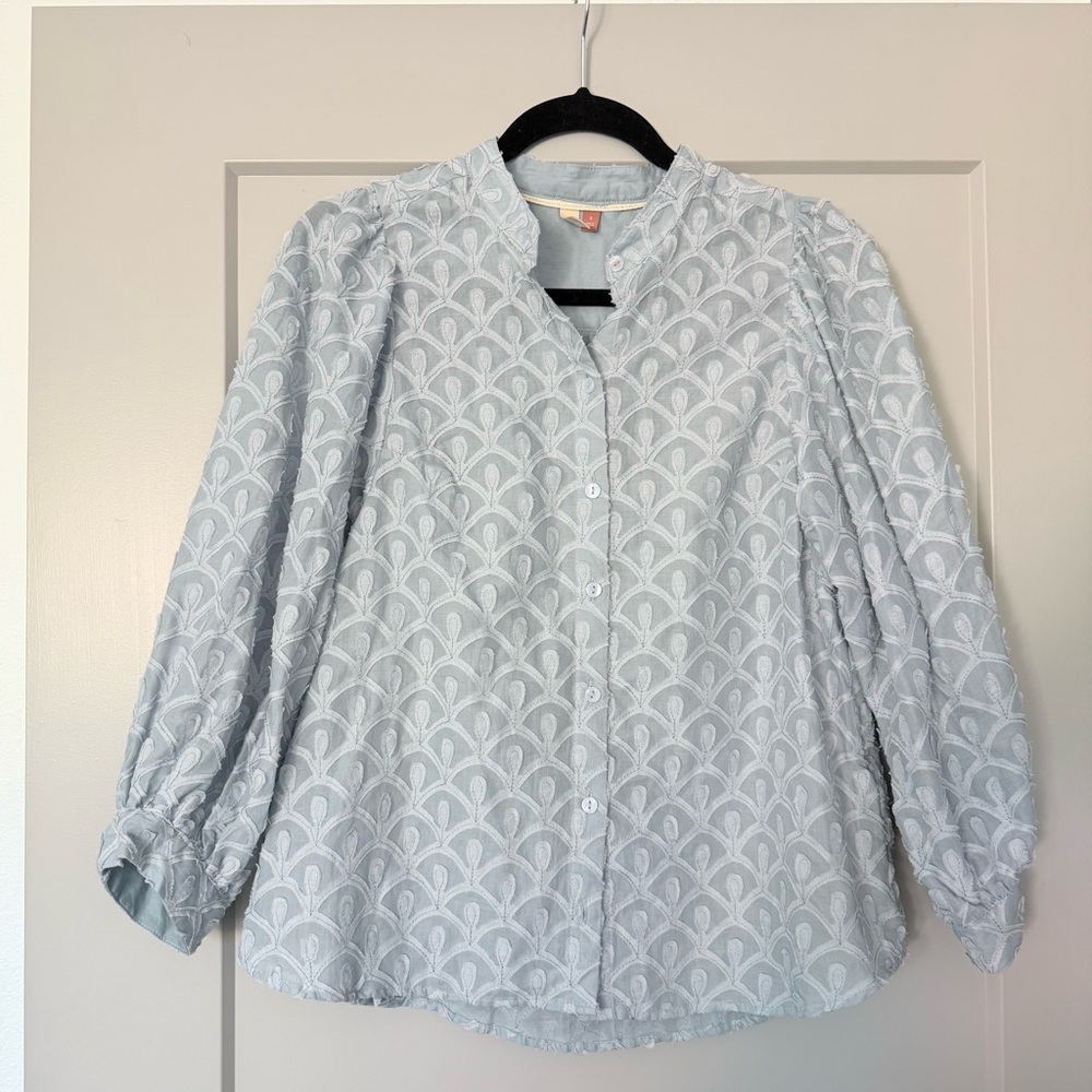 Anthropologie Pilcro Bella Femme Light Blue Button Down Top, 3/4 Puff Sleeve SM - Picture 3 of 12